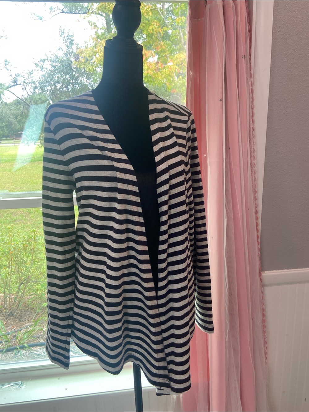 Lands' End Black and White Striped Open-Front Cardigan M 10-12